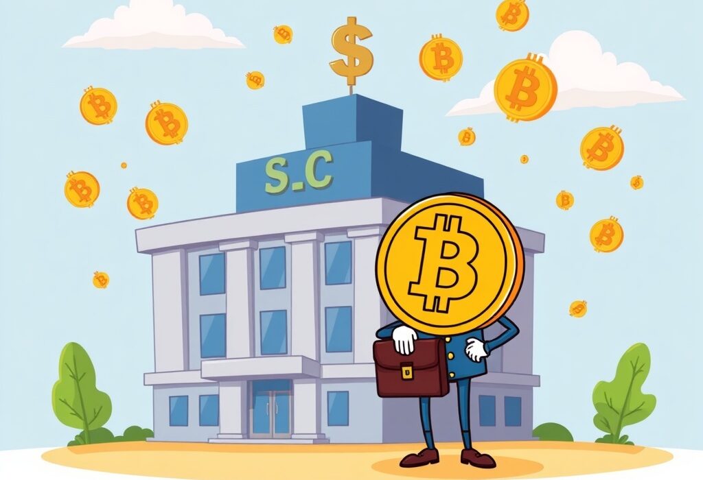 A cartoon illustration showing a corporate building with Bitcoin symbols, representing Rectitude's Bitcoin investment strategy and its embrace of digital assets.