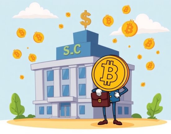A cartoon illustration showing a corporate building with Bitcoin symbols, representing Rectitude's Bitcoin investment strategy and its embrace of digital assets.