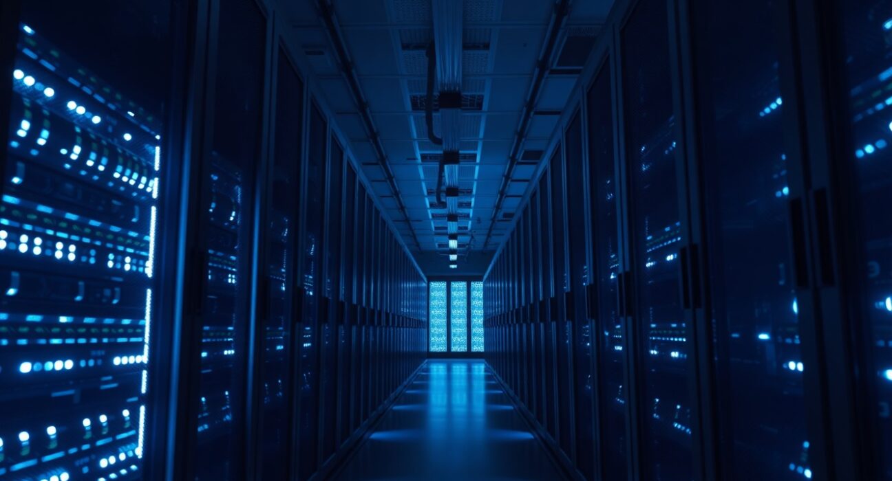 Interior of a data center with blue-lit server racks representing AI compute infrastructure.