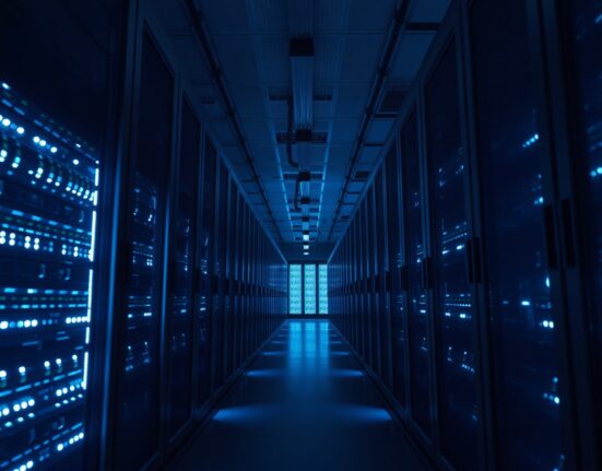 Interior of a data center with blue-lit server racks representing AI compute infrastructure.