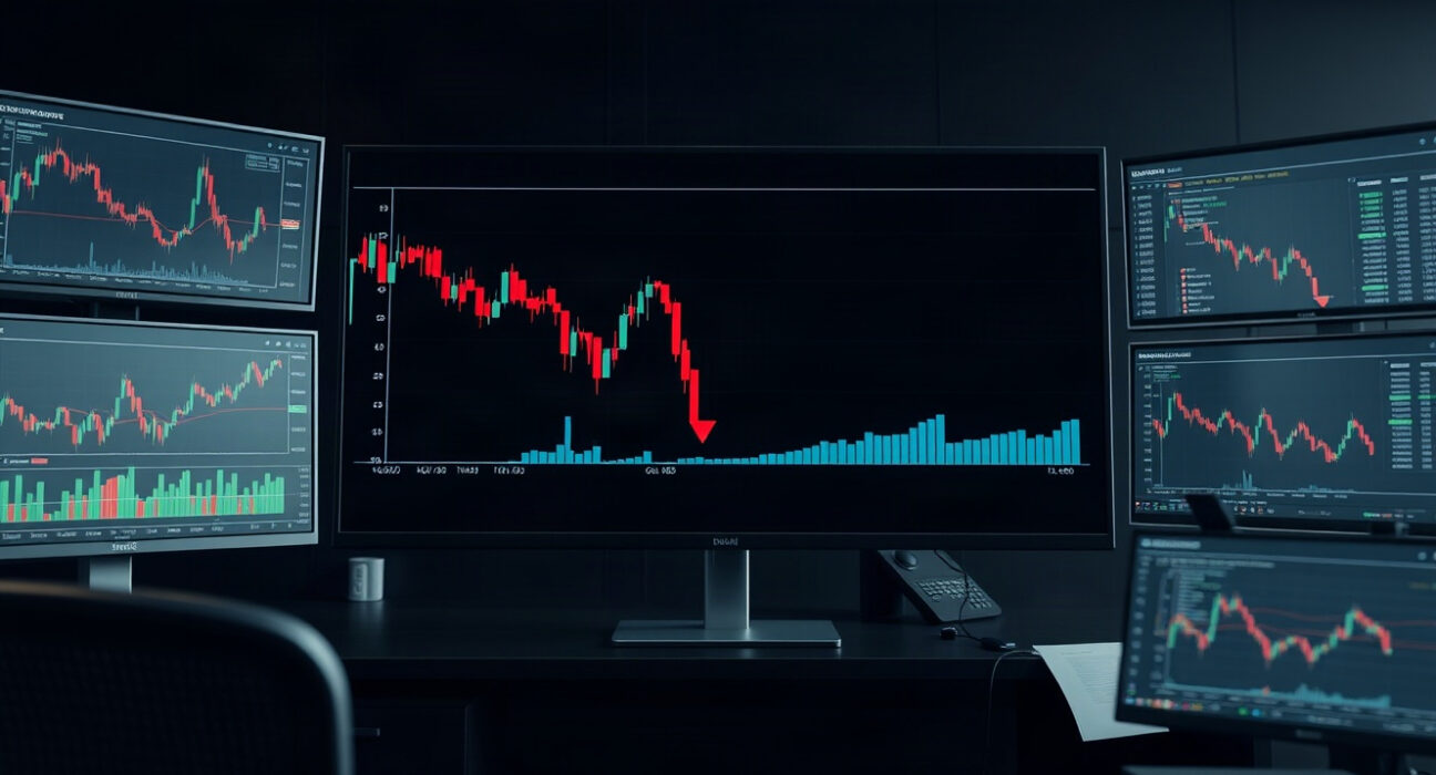 Cryptocurrency trading chart showing red declining line, representing RED token price drop.