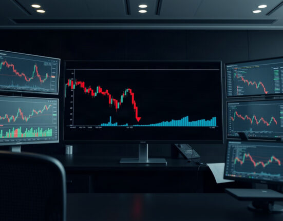 Cryptocurrency trading chart showing red declining line, representing RED token price drop.