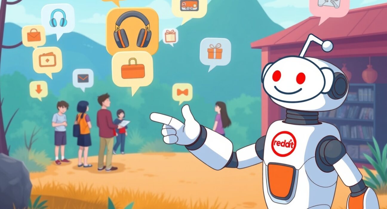 Illustration of Reddit's new AI search feature transforming community discussions into shoppable product recommendations.