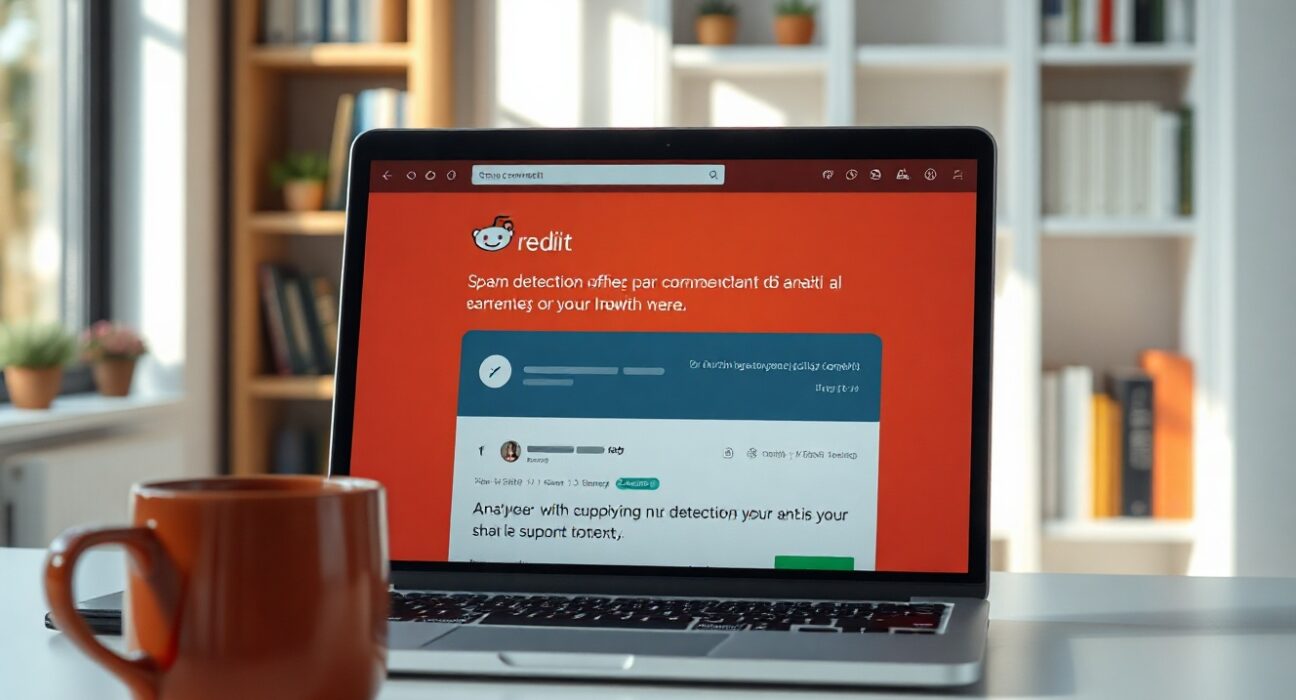 Reddit interface on a laptop screen with an AI spam detection overlay highlighting a suspicious comment.
