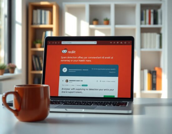 Reddit interface on a laptop screen with an AI spam detection overlay highlighting a suspicious comment.
