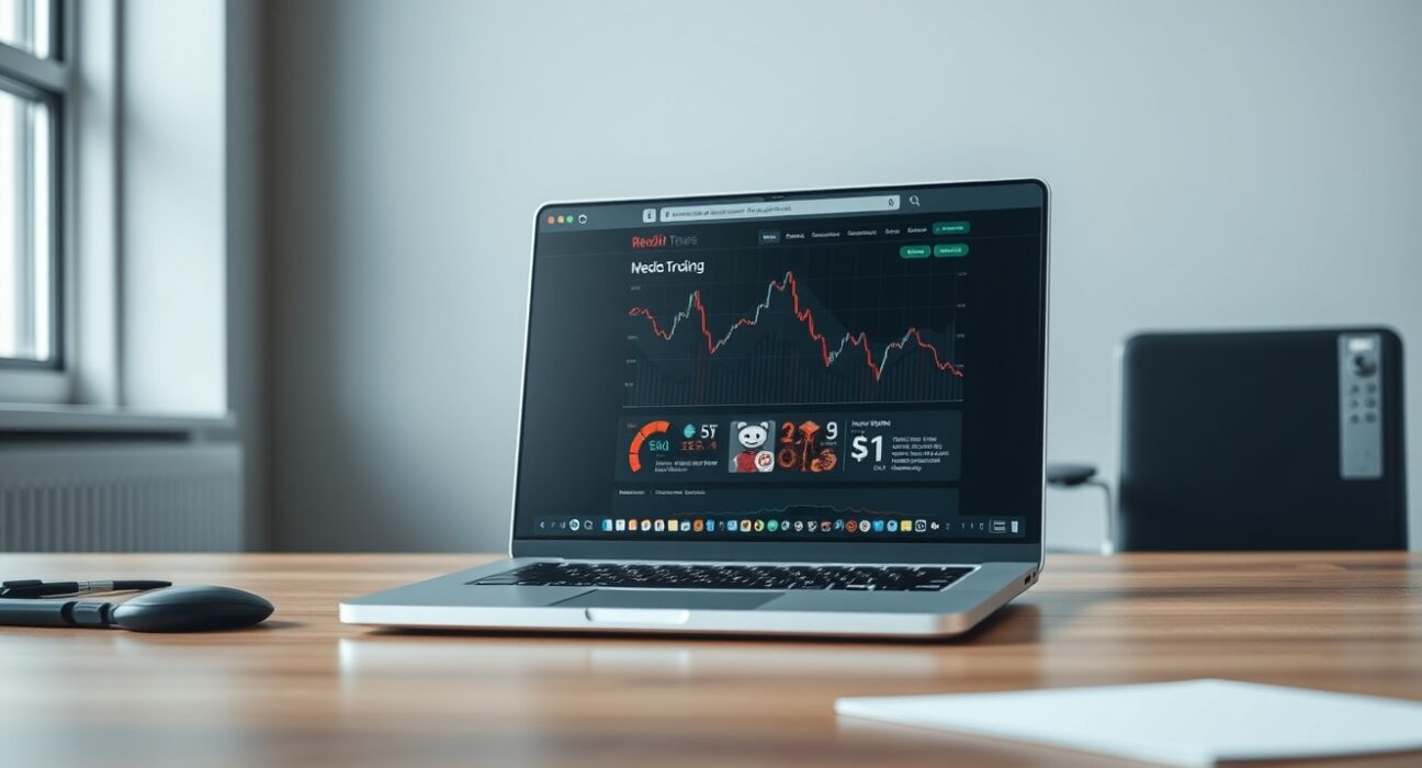 Reddit website on laptop screen with stock chart showing decline in background