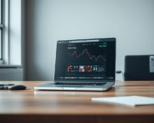 Reddit website on laptop screen with stock chart showing decline in background