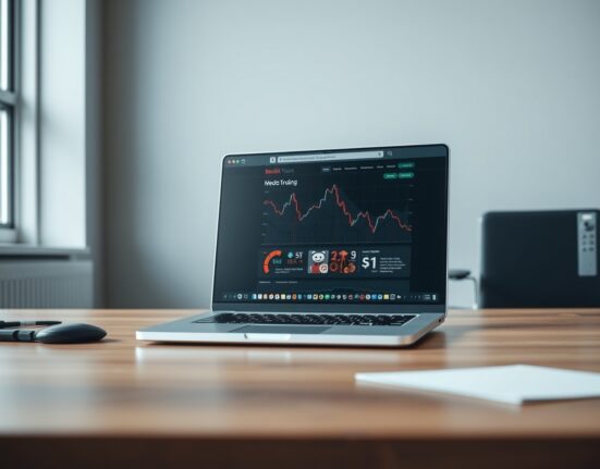 Reddit website on laptop screen with stock chart showing decline in background