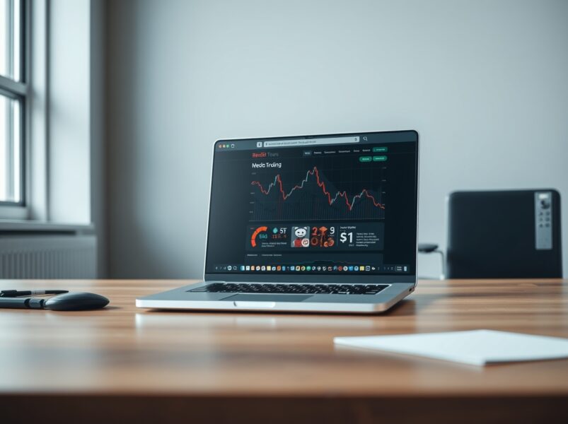 Reddit website on laptop screen with stock chart showing decline in background