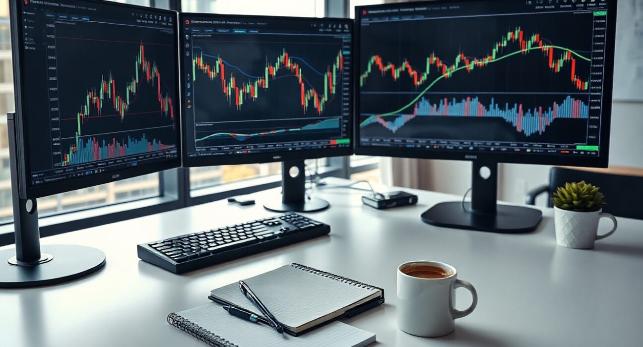 Financial analyst reviewing charts and drawdown metrics on multiple monitors in a modern office