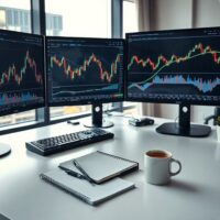 Financial analyst reviewing charts and drawdown metrics on multiple monitors in a modern office