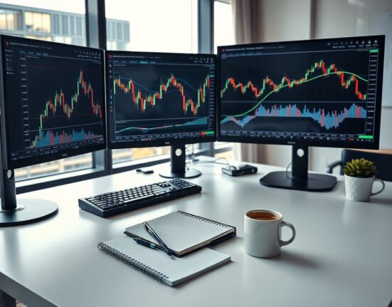 Financial analyst reviewing charts and drawdown metrics on multiple monitors in a modern office