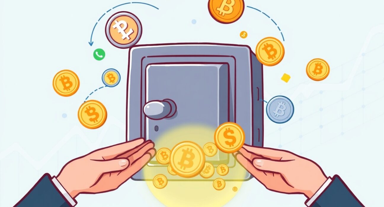 Cartoon illustration of digital payments and investment, showing the significant funding for RedotPay in the stablecoin sector.