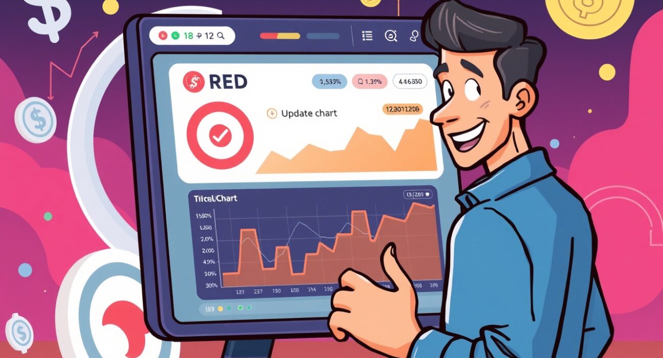 A cartoon illustration depicting Upbit's crucial update to the Redstone circulation plan, showing positive impact for RED token holders.