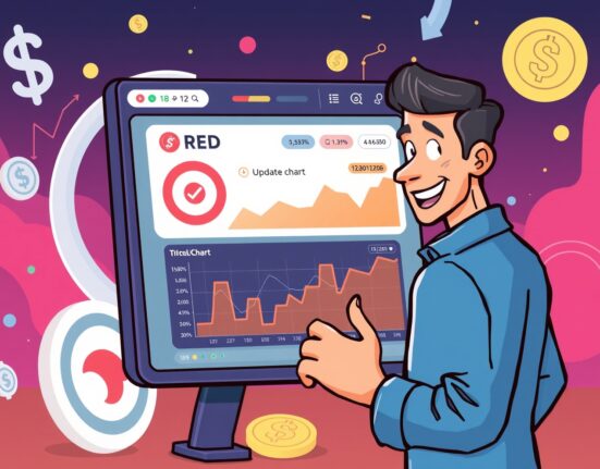 A cartoon illustration depicting Upbit's crucial update to the Redstone circulation plan, showing positive impact for RED token holders.