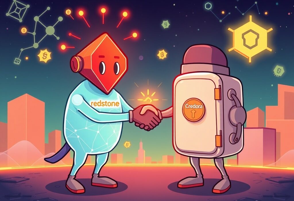 Cartoon illustrating the strategic Redstone Credora acquisition, merging blockchain oracle power with DeFi credit expertise for new opportunities.