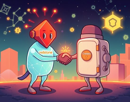 Cartoon illustrating the strategic Redstone Credora acquisition, merging blockchain oracle power with DeFi credit expertise for new opportunities.