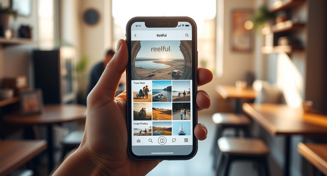 Smartphone displaying Reelful AI video editing app interface with travel photos on screen in a coffee shop setting