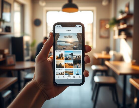 Smartphone displaying Reelful AI video editing app interface with travel photos on screen in a coffee shop setting