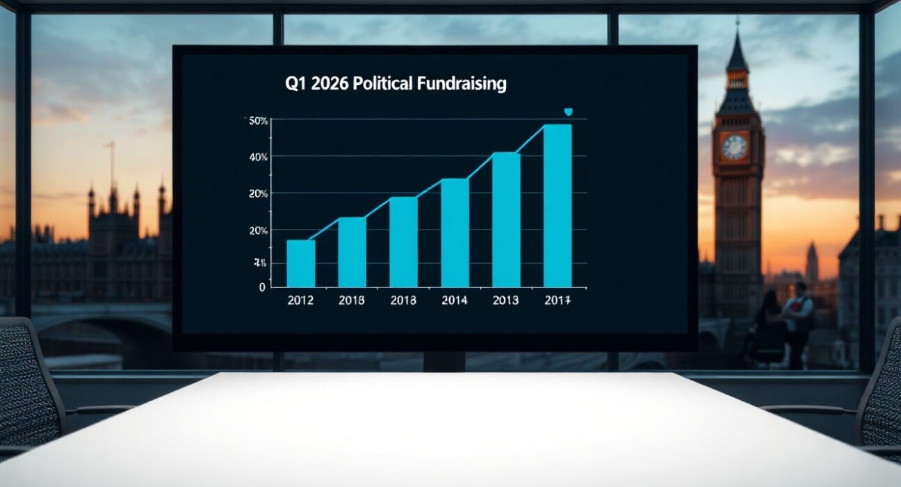 Reform UK fundraising chart on digital display with UK Parliament in background