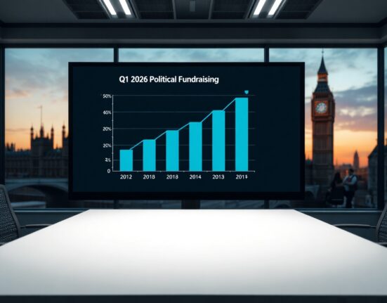 Reform UK fundraising chart on digital display with UK Parliament in background