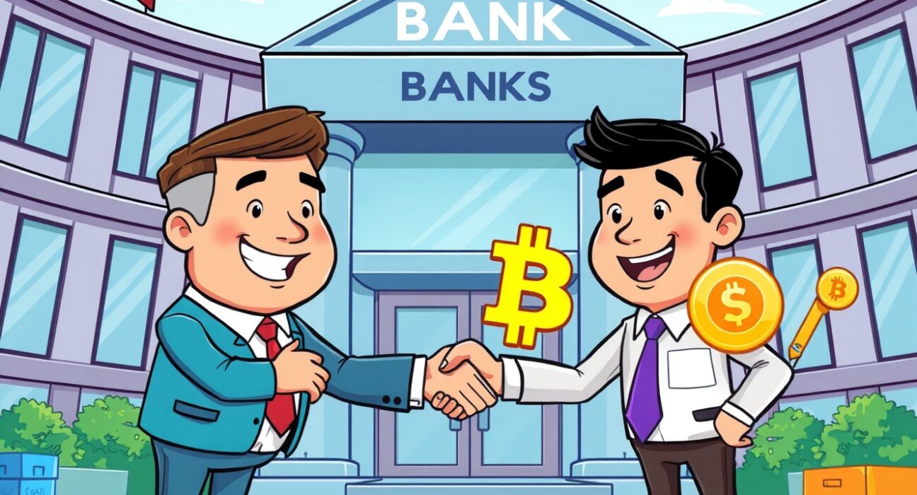 Cartoon illustration showing regional banks embrace crypto through friendly collaboration between bankers and digital currency