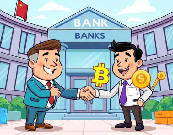 Cartoon illustration showing regional banks embrace crypto through friendly collaboration between bankers and digital currency