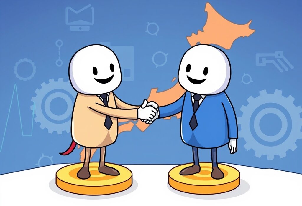 A cartoon image illustrating Bifrost Network and SBI Digital Finance collaborating to bring regulated Bitcoin services to Japan's financial landscape.