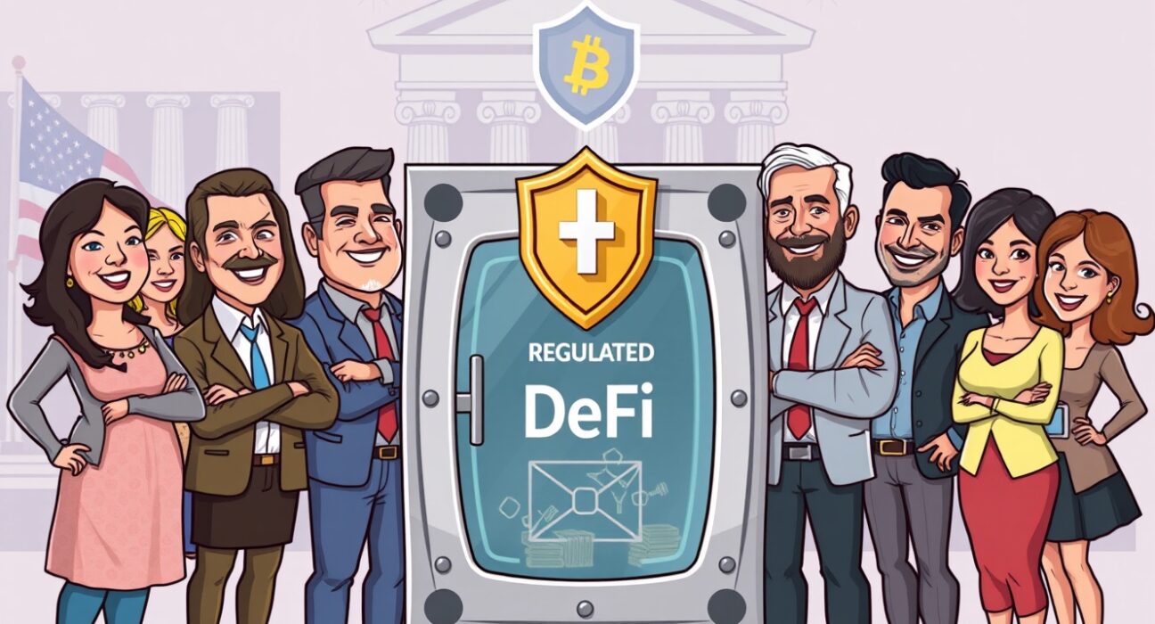 Cartoon illustration showing Americans embracing secure DeFi regulation.