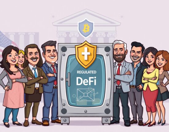 Cartoon illustration showing Americans embracing secure DeFi regulation.