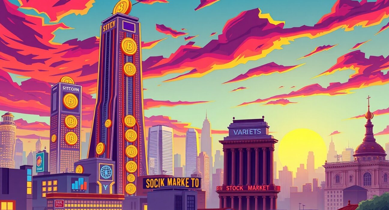 Cartoon illustration showing regulated ICOs as towering digital coins challenging traditional financial buildings