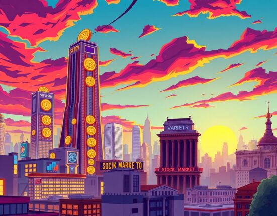 Cartoon illustration showing regulated ICOs as towering digital coins challenging traditional financial buildings