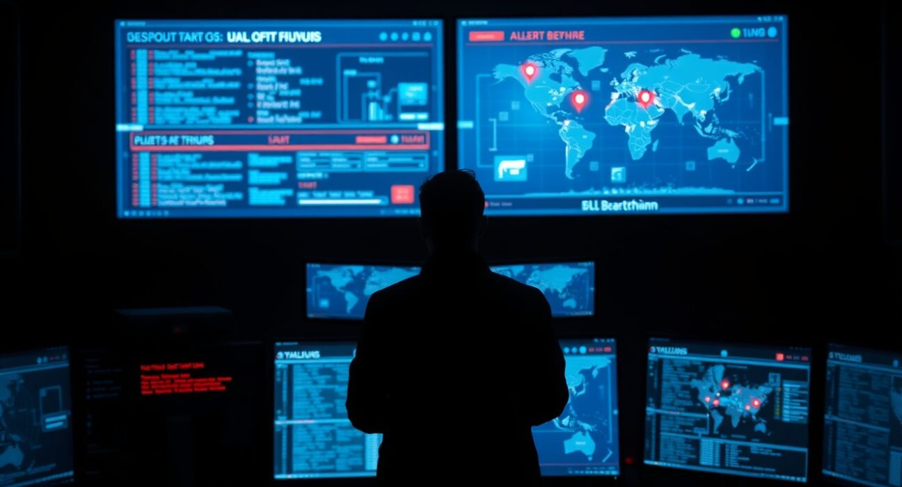 Cybersecurity analyst monitoring blockchain transactions on large screens in a dark operations center
