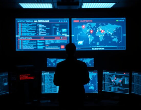 Cybersecurity analyst monitoring blockchain transactions on large screens in a dark operations center