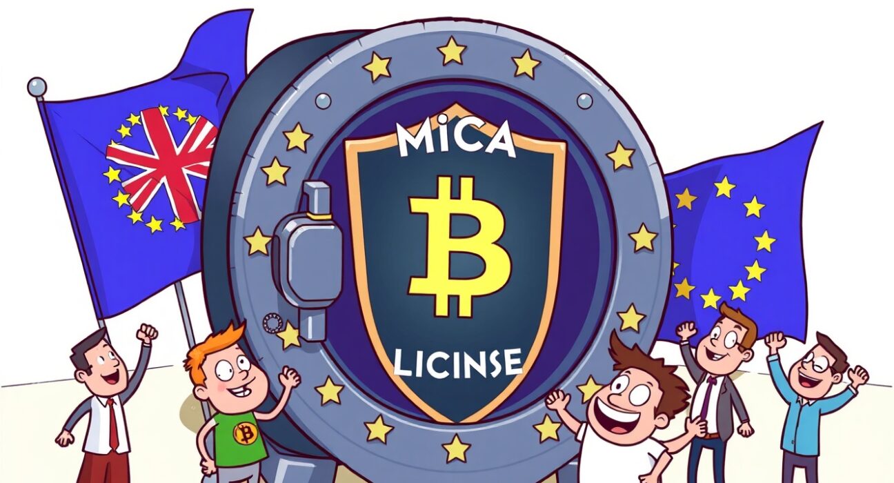 Cartoon showing a secure digital platform expanding across Europe, symbolizing Relai securing its MiCA license for Bitcoin trading.