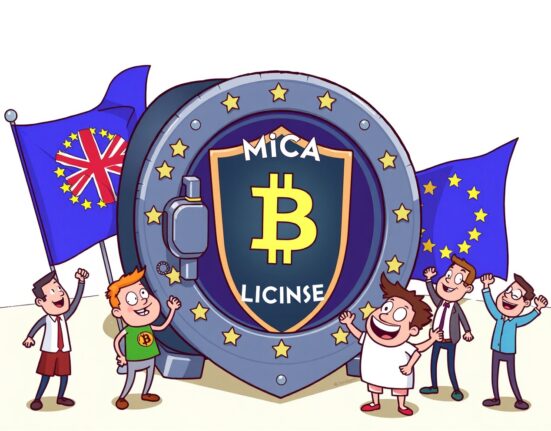 Cartoon showing a secure digital platform expanding across Europe, symbolizing Relai securing its MiCA license for Bitcoin trading.