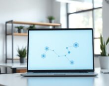 Laptop with browser window and AI symbols in a modern office, representing Relay's shutdown and Google Chrome AI integration