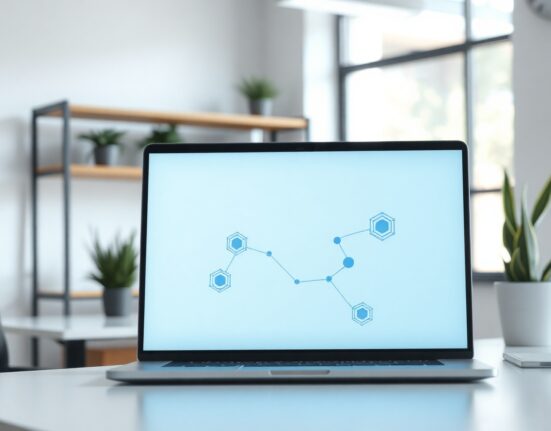 Laptop with browser window and AI symbols in a modern office, representing Relay's shutdown and Google Chrome AI integration