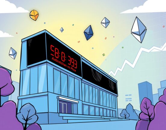 A cartoon illustration showing a Nasdaq-listed company making a significant ETH purchase, symbolizing institutional entry into cryptocurrency.