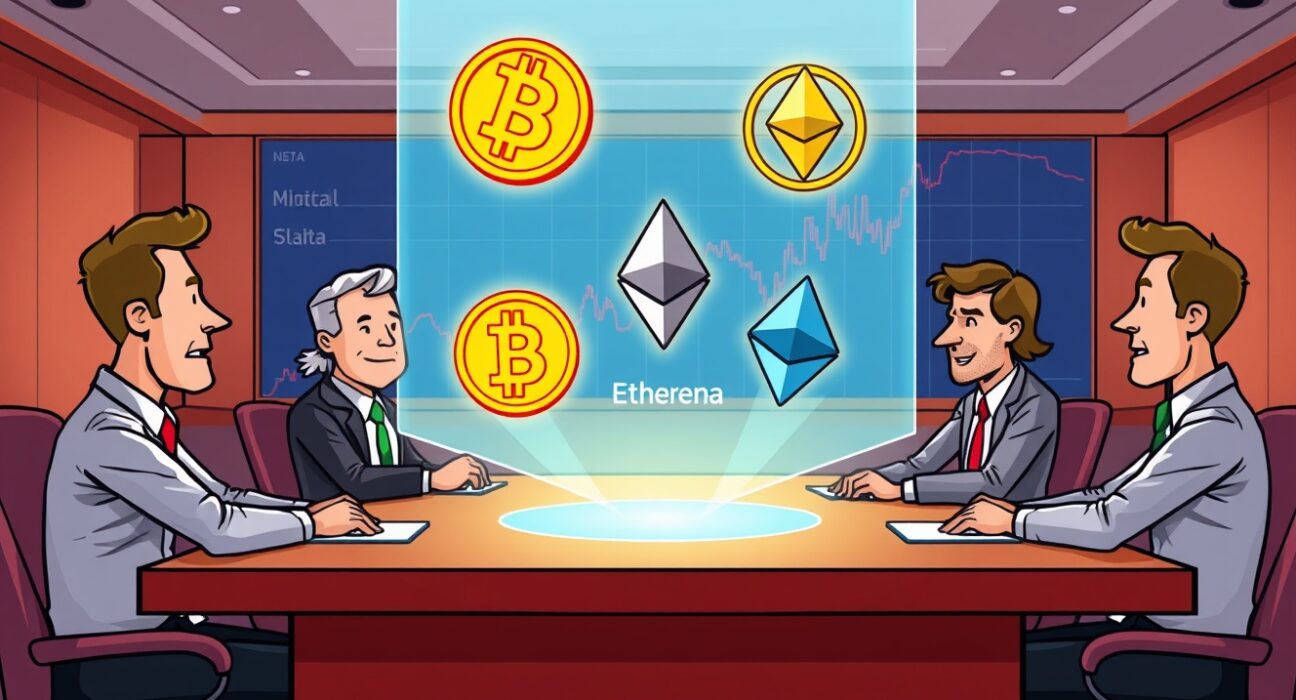 Cartoon illustration of executives discussing a Reliance Global Group crypto investment, with Bitcoin, Ethereum, and Solana symbols on a screen.