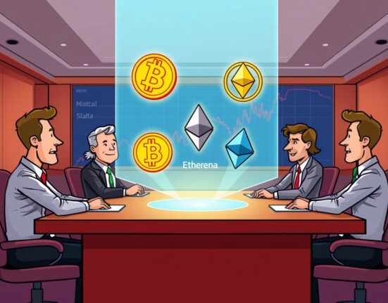 Cartoon illustration of executives discussing a Reliance Global Group crypto investment, with Bitcoin, Ethereum, and Solana symbols on a screen.