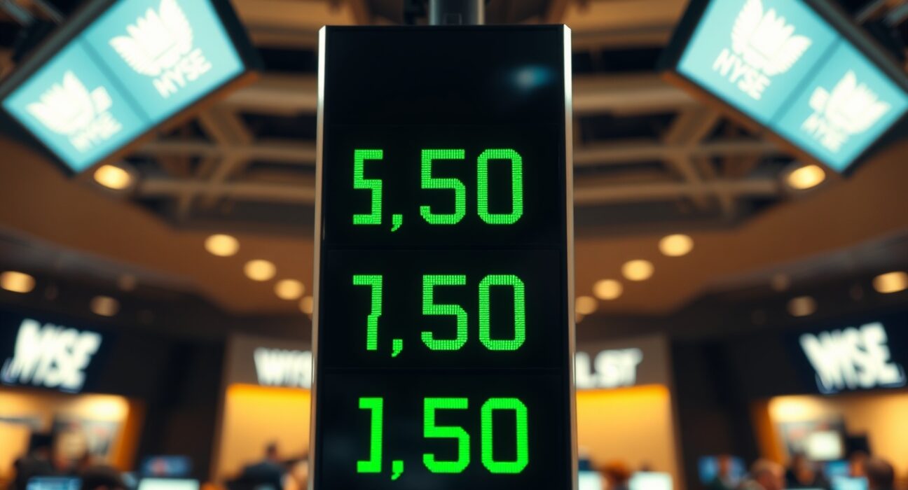Stock market ticker showing green numbers after relief rally following Trump's pause on Iran strikes.