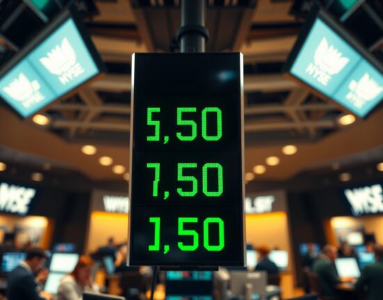 Stock market ticker showing green numbers after relief rally following Trump's pause on Iran strikes.