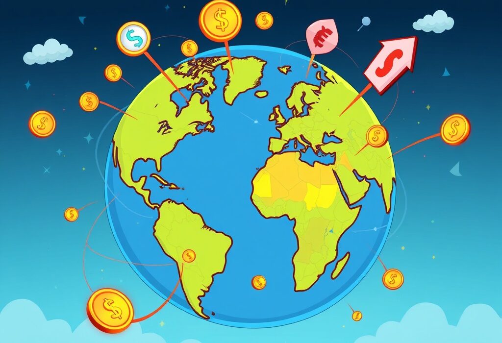 A cartoon illustration showing fast and secure global cross-border payments powered by Remitly stablecoins, connecting people worldwide.