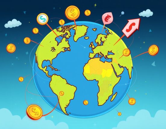 A cartoon illustration showing fast and secure global cross-border payments powered by Remitly stablecoins, connecting people worldwide.