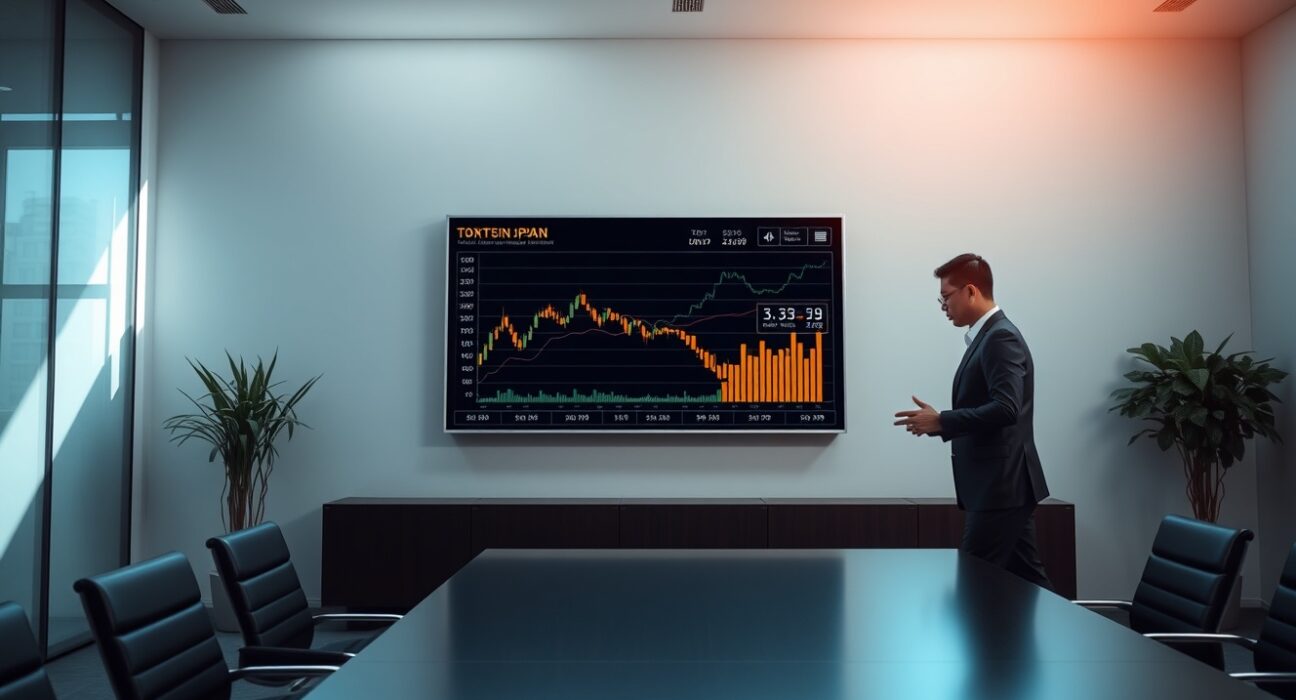 Professional in Tokyo boardroom discussing Bitcoin lending and staking data on a digital display.