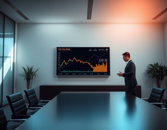 Professional in Tokyo boardroom discussing Bitcoin lending and staking data on a digital display.