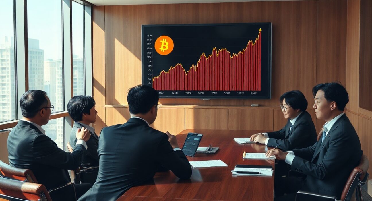Japanese business executives in a Tokyo boardroom with a Bitcoin price chart on a digital screen