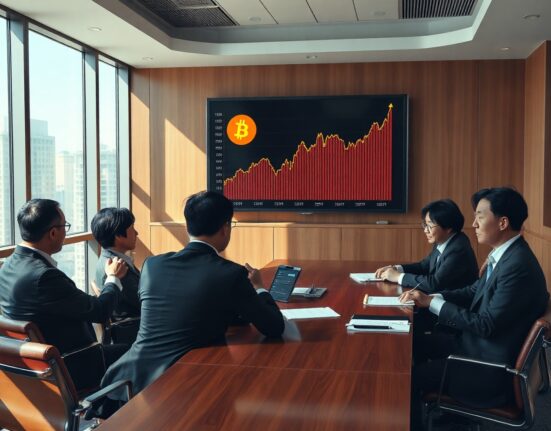 Japanese business executives in a Tokyo boardroom with a Bitcoin price chart on a digital screen