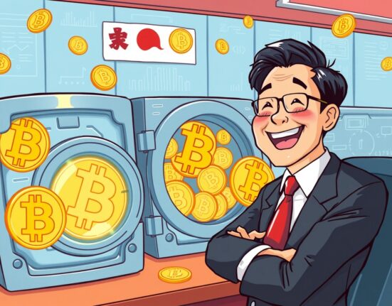 Illustration of a Japanese company's growing Bitcoin stack, symbolizing Remixpoint Bitcoin purchase and strategic crypto accumulation.